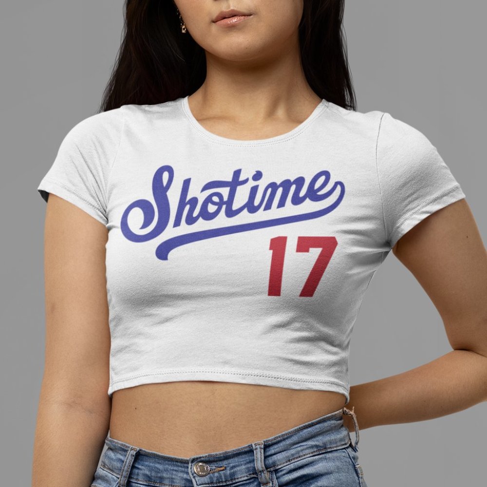 NEW Shotime Shohei Ohtani Dodgers Fan Mashup Form Fit Crop Top Shirt WHITE